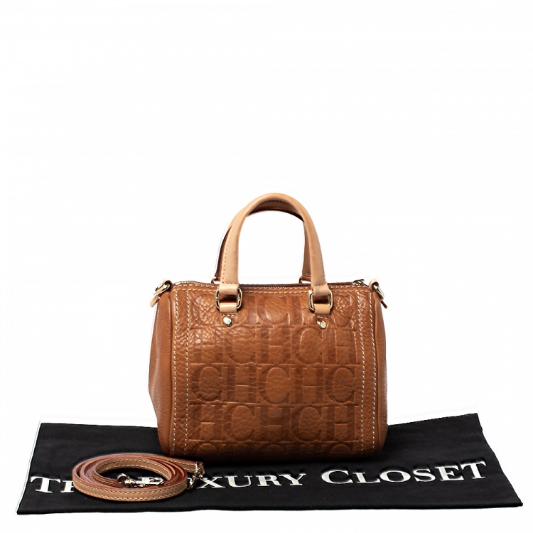 Pre Owned Carolina Herrera Signature Tan Leather Mini Andy Boston Bag
