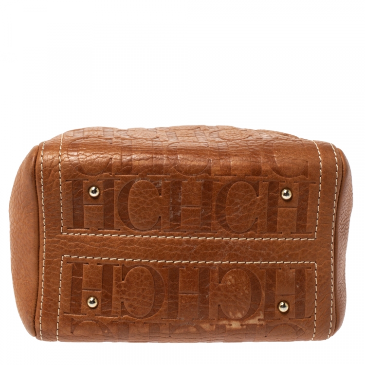 Pre Owned Carolina Herrera Signature Tan Leather Mini Andy Boston Bag