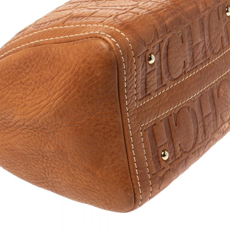Pre Owned Carolina Herrera Signature Tan Leather Mini Andy Boston Bag