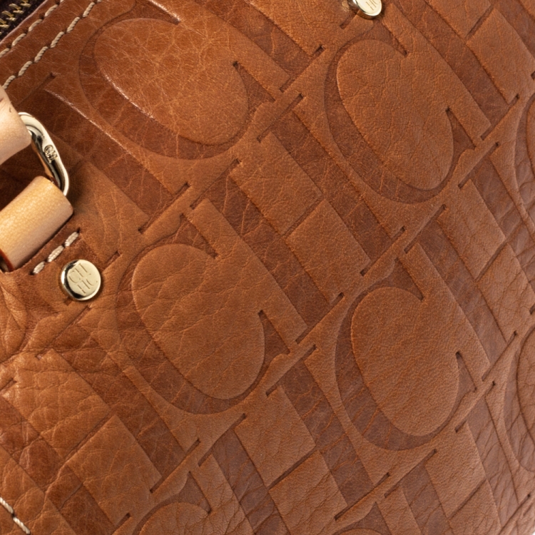 Pre Owned Carolina Herrera Signature Tan Leather Mini Andy Boston Bag