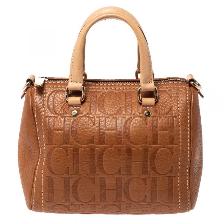 Pre Owned Carolina Herrera Signature Tan Leather Mini Andy Boston Bag