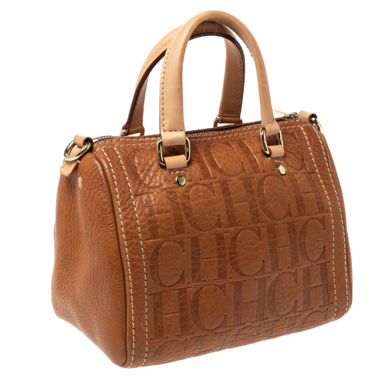 Pre Owned Carolina Herrera Signature Tan Leather Mini Andy Boston Bag