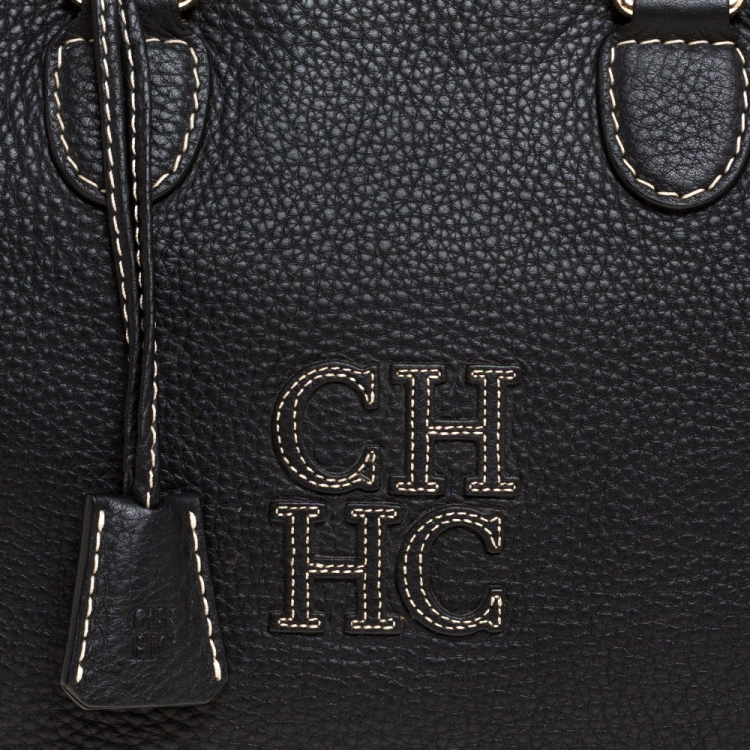 Pre Owned Carolina Herrera Black Leather Logo Bowler Bag