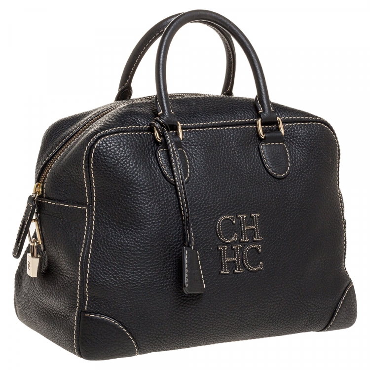 Pre Owned Carolina Herrera Black Leather Logo Bowler Bag