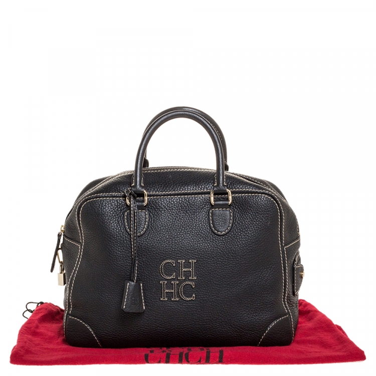 Pre Owned Carolina Herrera Black Leather Logo Bowler Bag