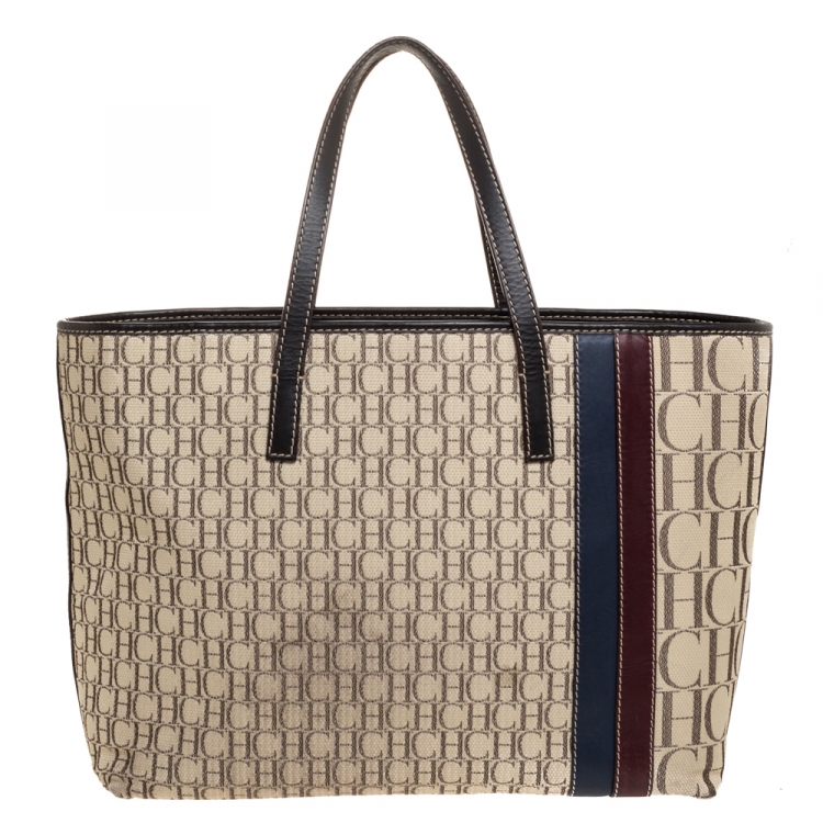 Pre Owned Carolina Herrera Multicolor Monogram Canvas and Leather Shopper Tote
