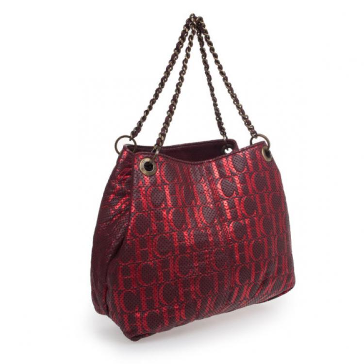 Pre Owned Carolina Herrera Burgundy CH Metallic Shoulder Bag