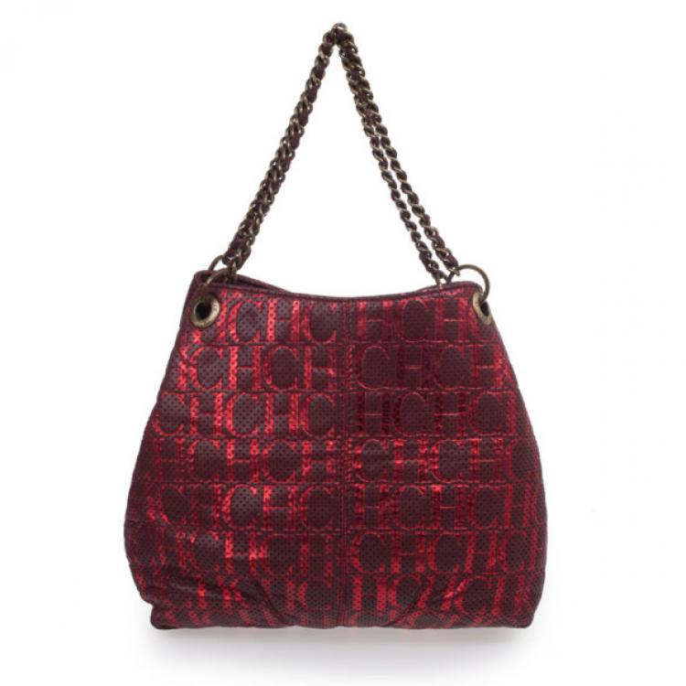 Pre Owned Carolina Herrera Burgundy CH Metallic Shoulder Bag