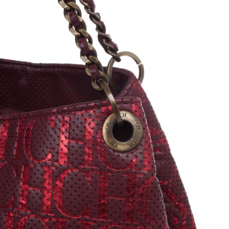 Pre Owned Carolina Herrera Burgundy CH Metallic Shoulder Bag