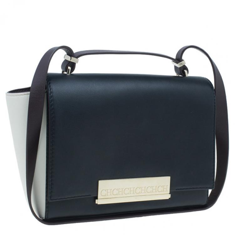 Pre Owned Carolina Herrera Black and White Leather Casati Shoulder Bag