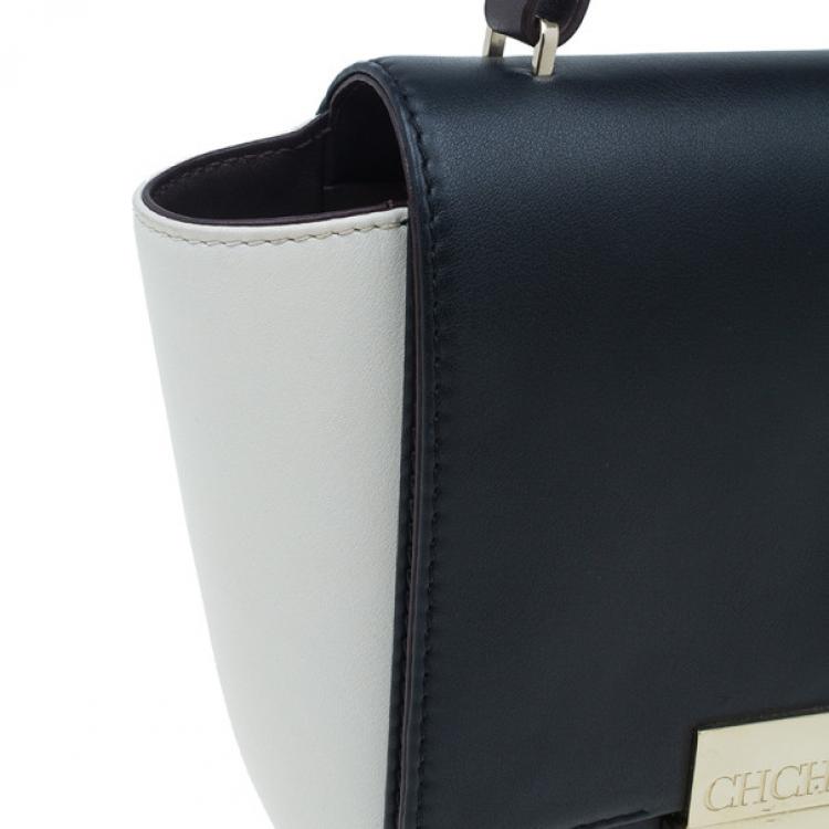 Pre Owned Carolina Herrera Black and White Leather Casati Shoulder Bag