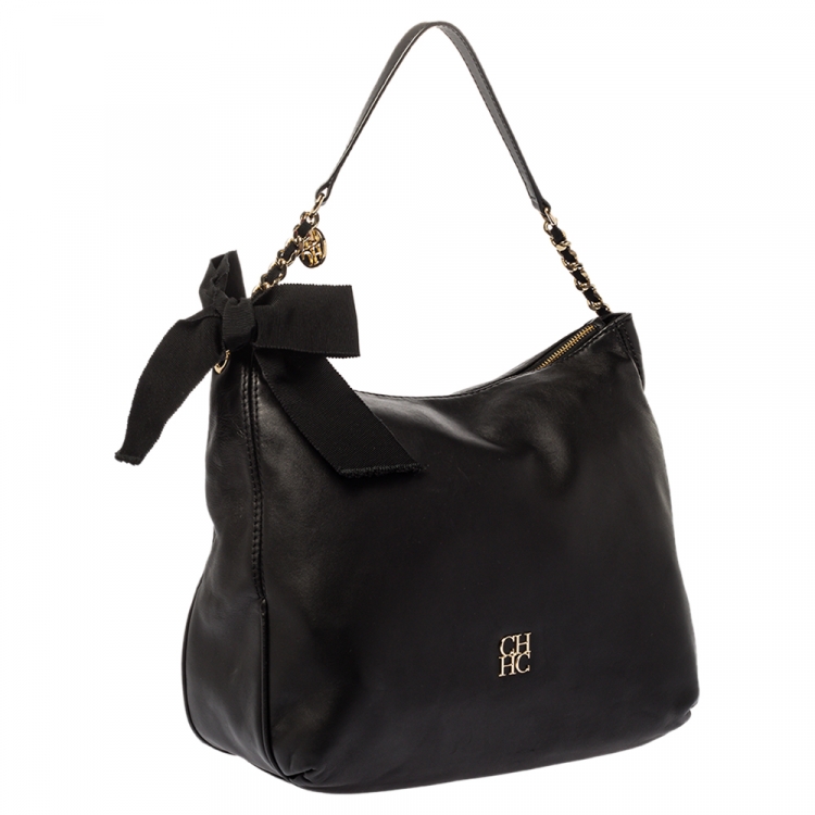 Pre Owned Carolina Herrera Black Leather Bow Zip Hobo