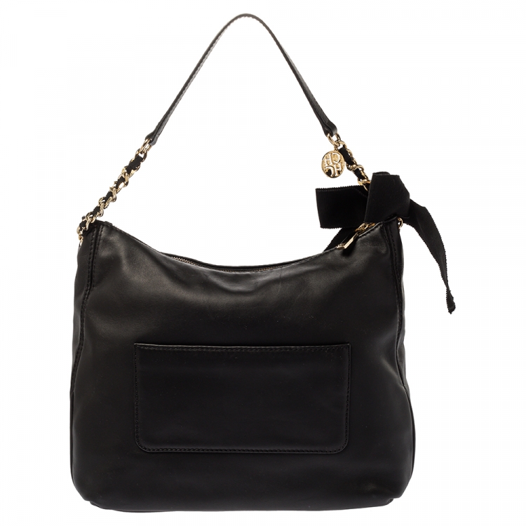Pre Owned Carolina Herrera Black Leather Bow Zip Hobo