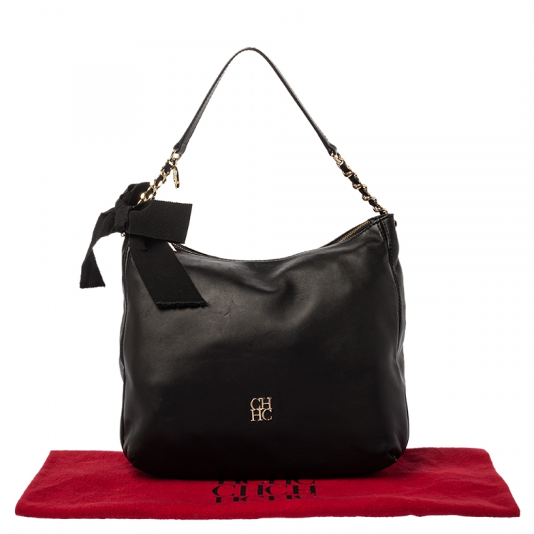 Pre Owned Carolina Herrera Black Leather Bow Zip Hobo