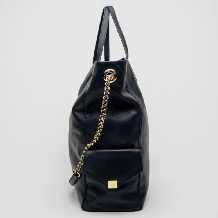 Pre Owned Carolina Herrera Blue Leather Chain Handle Tote