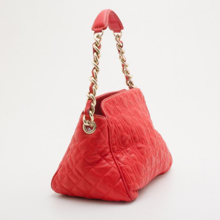 Pre Owned Carolina Herrera Red Embossed Leather Shoulder Bag