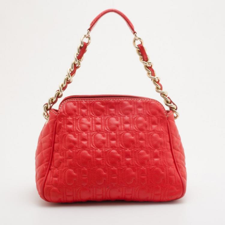 Pre Owned Carolina Herrera Red Embossed Leather Shoulder Bag