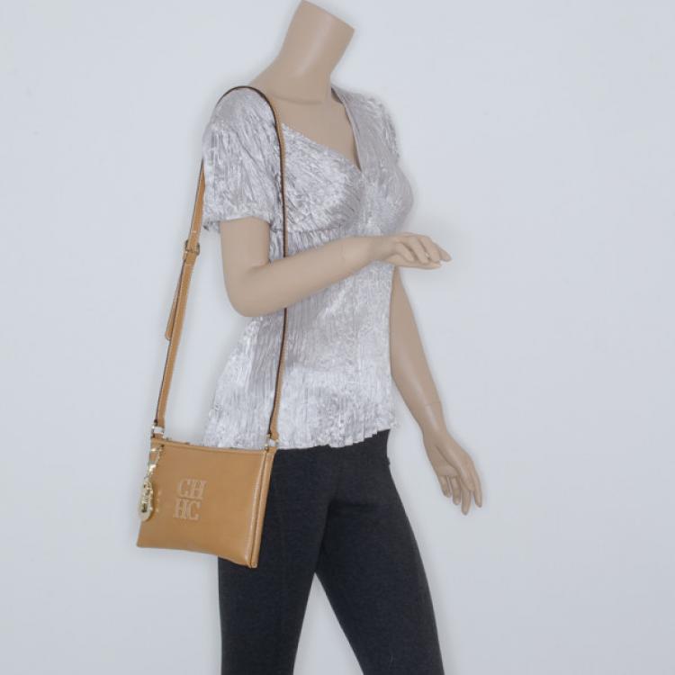 Pre Owned Carolina Herrera Tan Leather Logo CH Crossbody