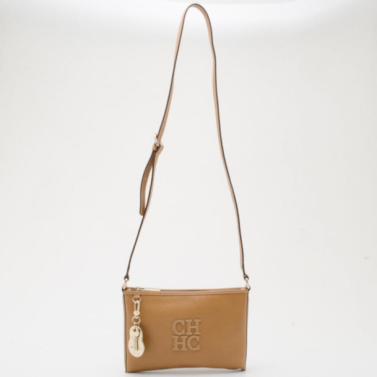 Pre Owned Carolina Herrera Tan Leather Logo CH Crossbody