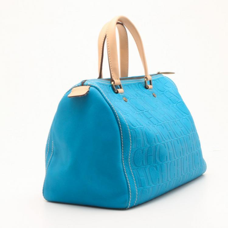 Pre Owned Carolina Herrera Blue Leather Monogram Embossed Andy Boston Satchel  