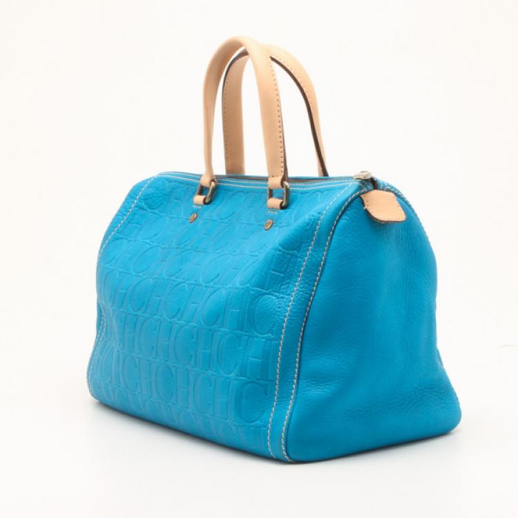 Pre Owned Carolina Herrera Blue Leather Monogram Embossed Andy Boston Satchel  