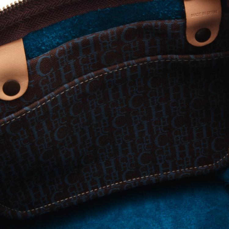 Pre Owned Carolina Herrera Blue Leather Monogram Embossed Andy Boston Satchel  