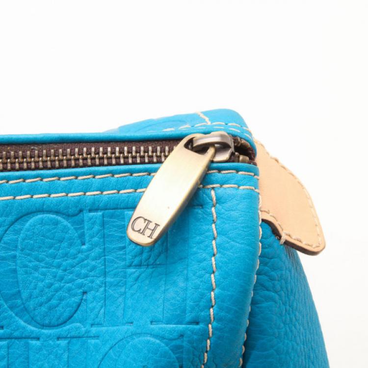 Pre Owned Carolina Herrera Blue Leather Monogram Embossed Andy Boston Satchel  
