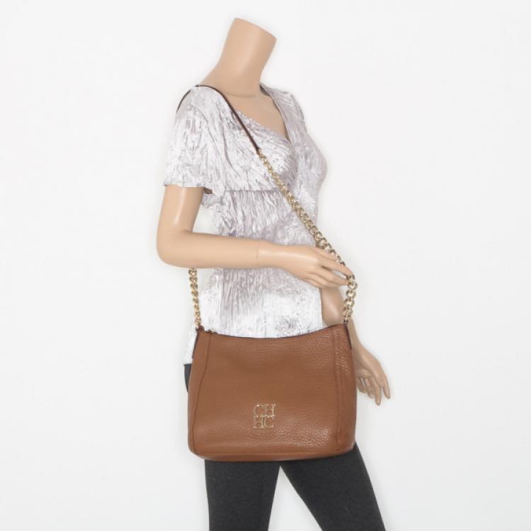 Pre Owned Carolina Herrera Brown Pebbled Leather Bag 