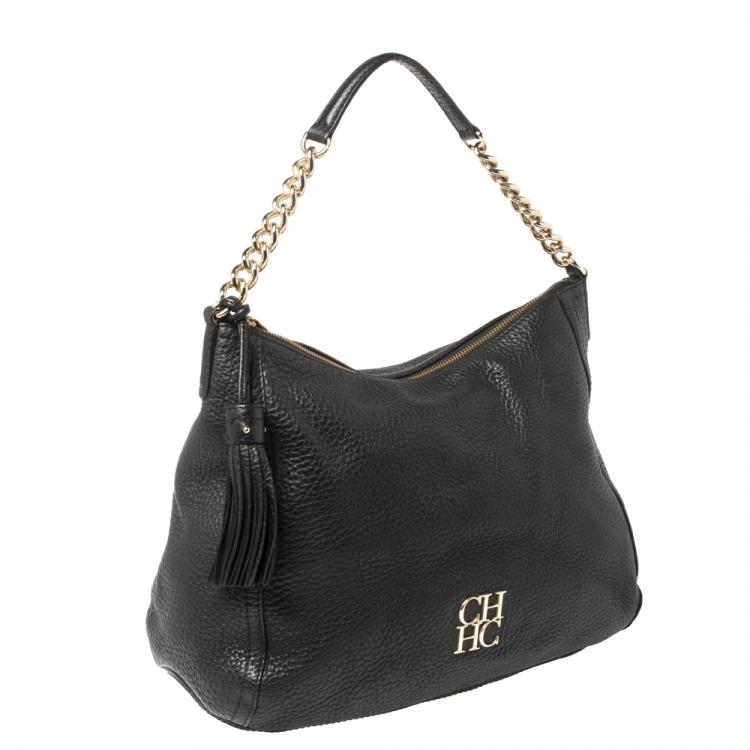Pre Owned Carolina Herrera Black Leather Tassel Chain Hobo