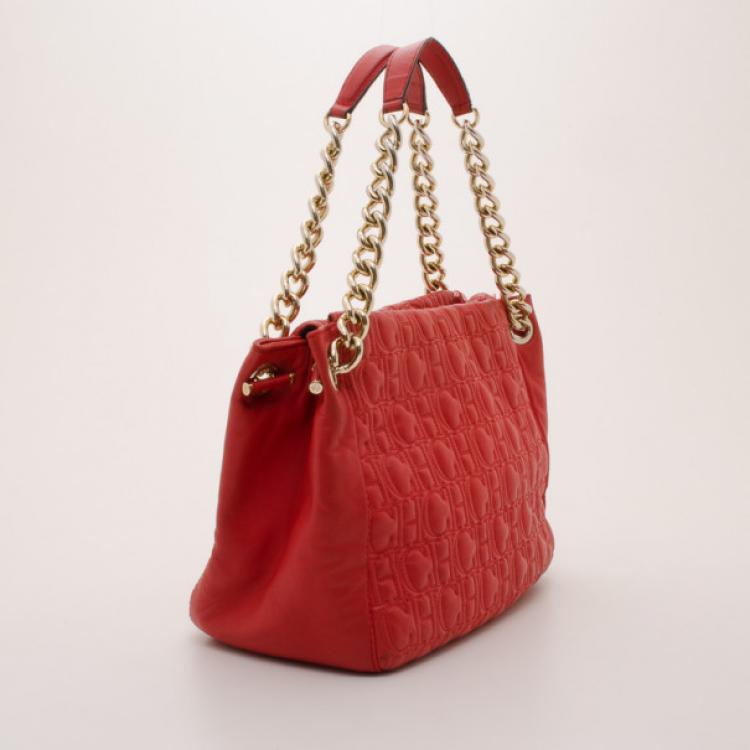 Pre Owned Carolina Herrera Red Monogram Embossed Chain Handle Tote 