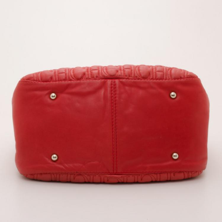 Pre Owned Carolina Herrera Red Monogram Embossed Chain Handle Tote 