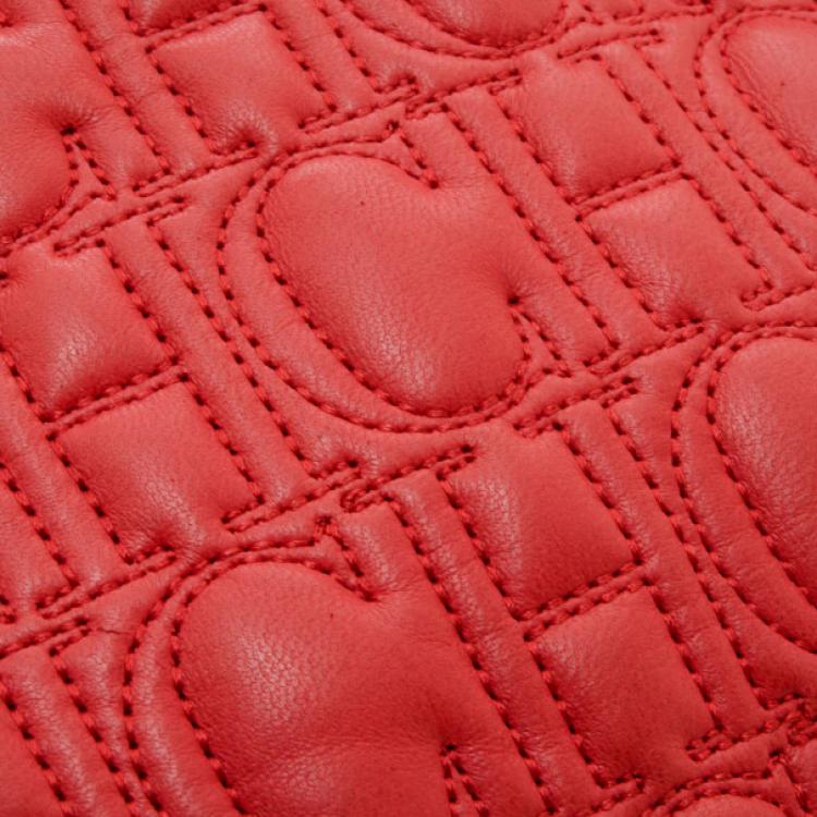 Pre Owned Carolina Herrera Red Monogram Embossed Chain Handle Tote 