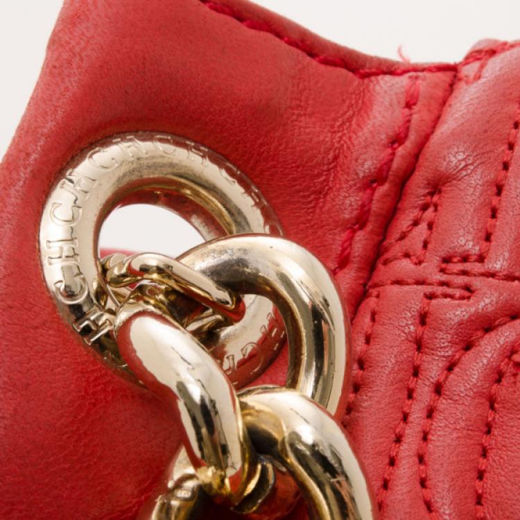 Pre Owned Carolina Herrera Red Monogram Embossed Chain Handle Tote 
