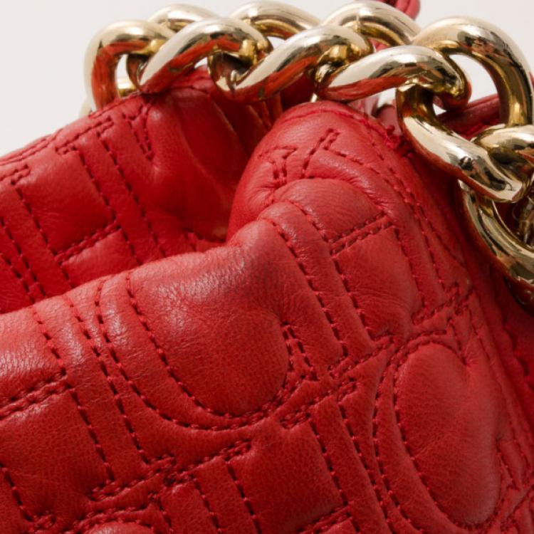 Pre Owned Carolina Herrera Red Monogram Embossed Chain Handle Tote 