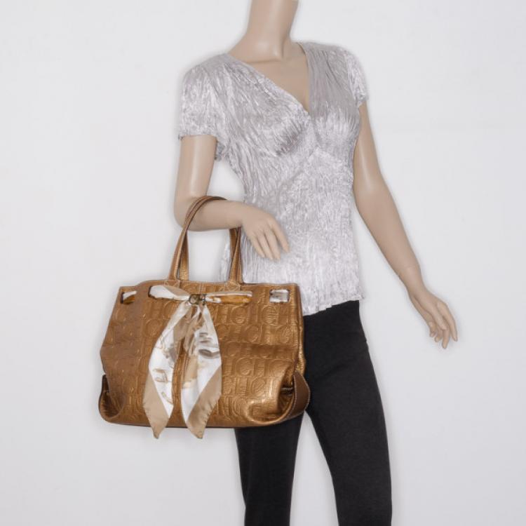 Pre Owned Carolina Herrera Monogram Embossed Scarf Tote