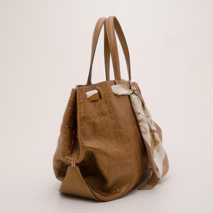 Pre Owned Carolina Herrera Monogram Embossed Scarf Tote