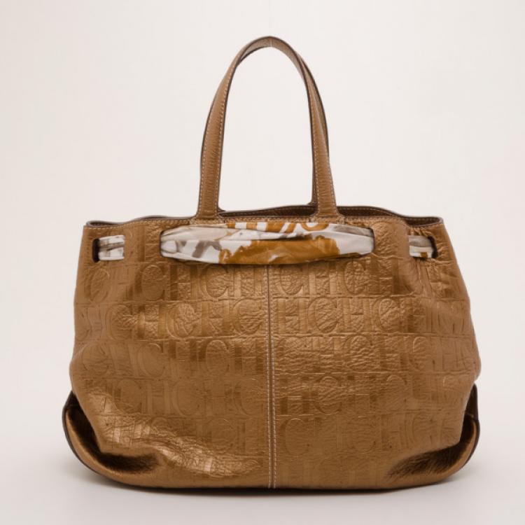 Pre Owned Carolina Herrera Monogram Embossed Scarf Tote