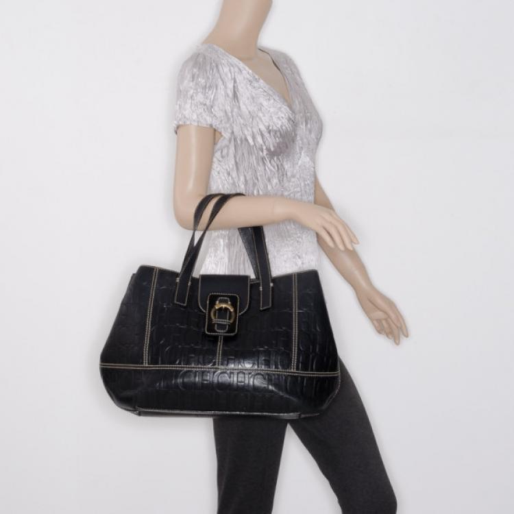 Pre Owned Carolina Herrera Black Monogram Embossed Tote 