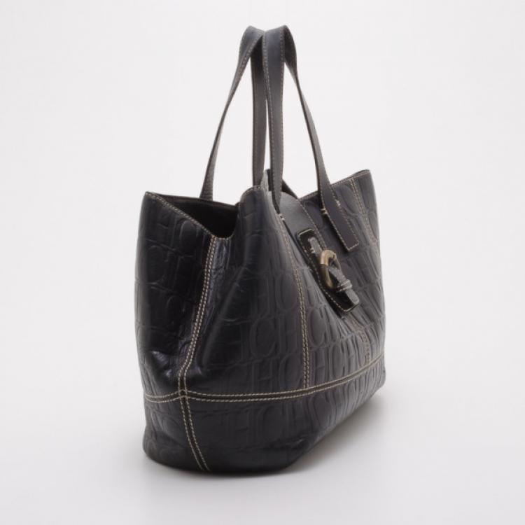 Pre Owned Carolina Herrera Black Monogram Embossed Tote 