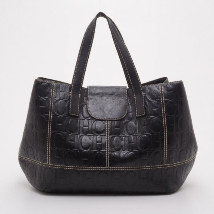 Pre Owned Carolina Herrera Black Monogram Embossed Tote 