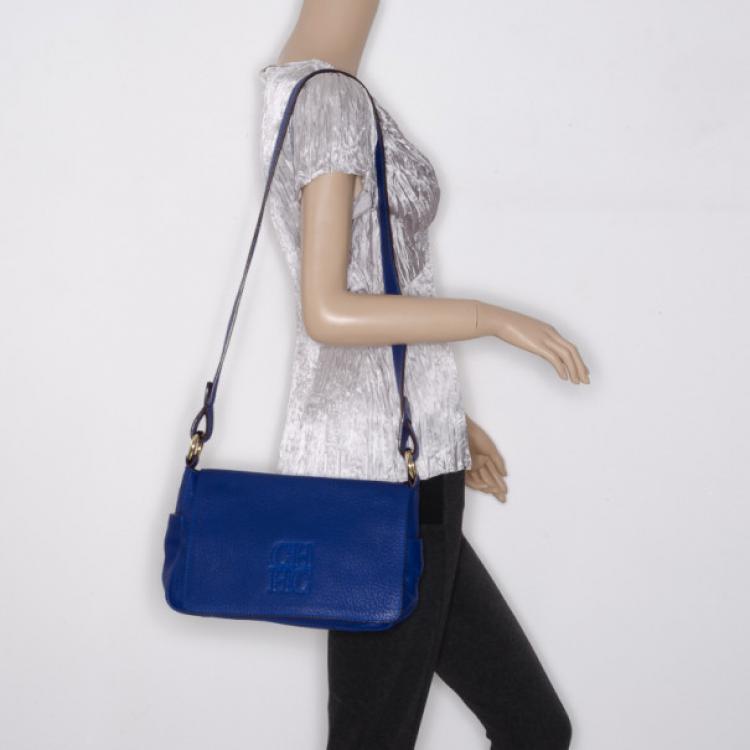 Pre Owned Carolina Herrera Blue Leather Messenger Bag 