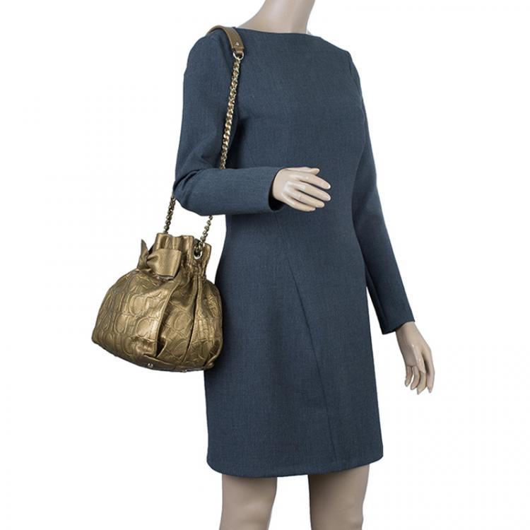 Pre Owned Carolina Herrera Gold Monogram Embossed Bucket Shoulder Bag