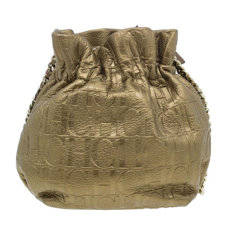 Pre Owned Carolina Herrera Gold Monogram Embossed Bucket Shoulder Bag