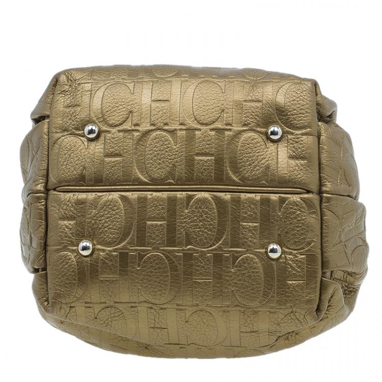 Pre Owned Carolina Herrera Gold Monogram Embossed Bucket Shoulder Bag