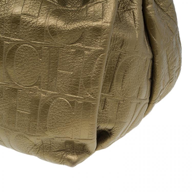 Pre Owned Carolina Herrera Gold Monogram Embossed Bucket Shoulder Bag