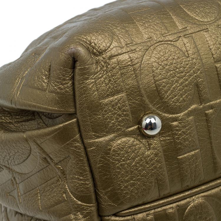 Pre Owned Carolina Herrera Gold Monogram Embossed Bucket Shoulder Bag