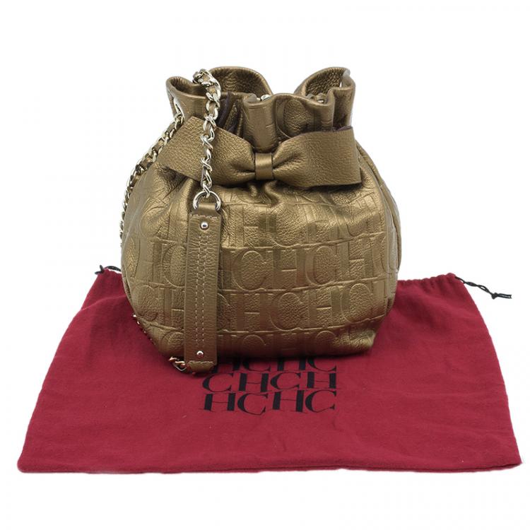 Pre Owned Carolina Herrera Gold Monogram Embossed Bucket Shoulder Bag
