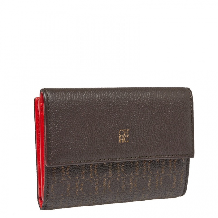Pre Owned Carolina Herrera Brown Monogram Leather Tri Fold Compact Wallet