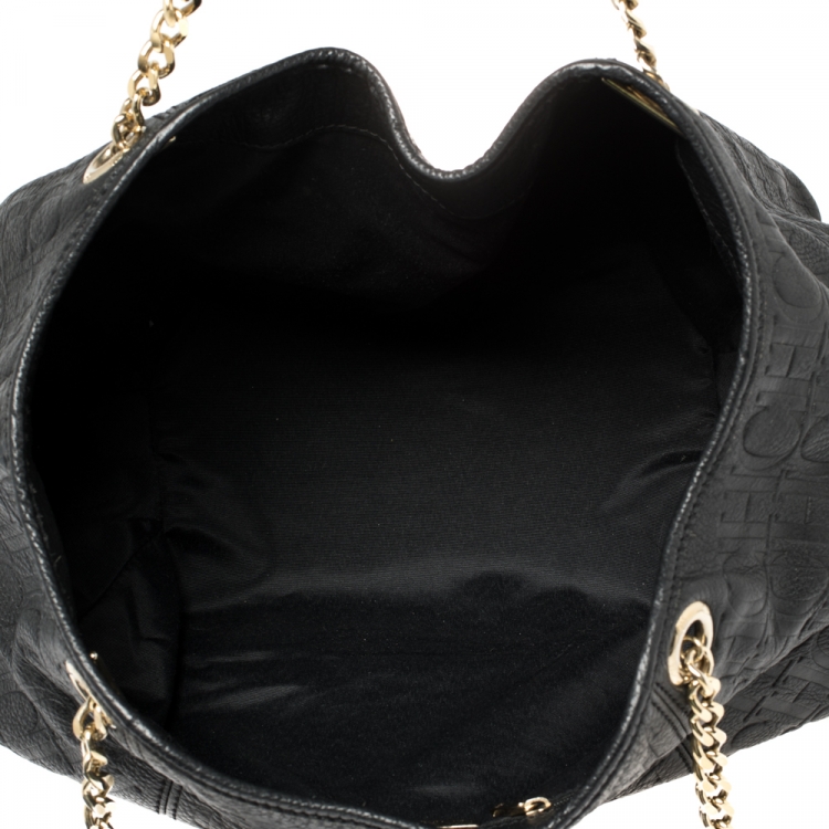 Pre Owned Carolina Herrera Black Monogram Embossed Leather Dahlia Hobo