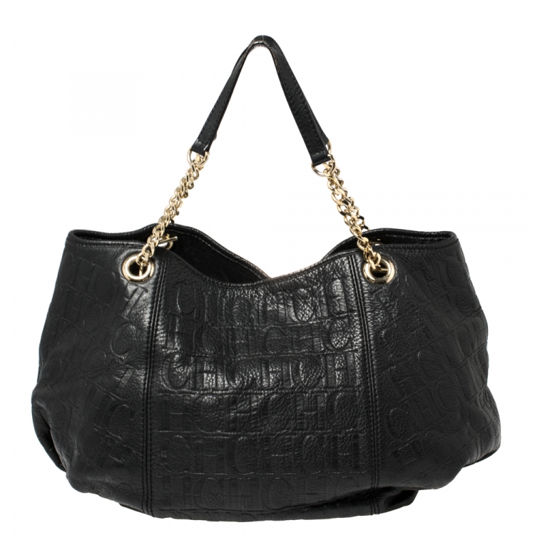 Pre Owned Carolina Herrera Black Monogram Embossed Leather Dahlia Hobo